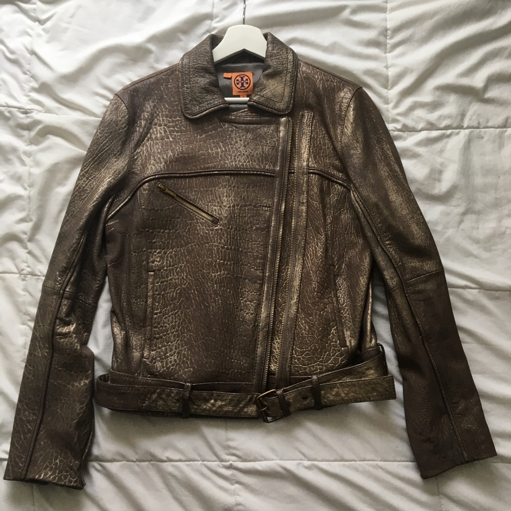 Tory Burch Metallic Washed Leather Biker Jacket